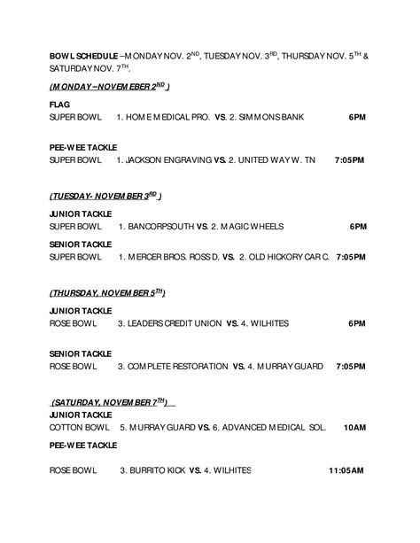 Football Bowl Schedule Printable