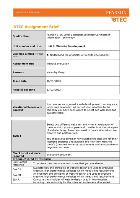 Unit A A Brief For Learning Aim A Website Development Btec