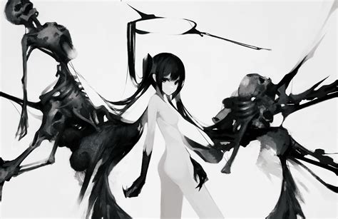 Black Eyes Black Hair Gyup Halo Long Hair Monochrome Nude Original