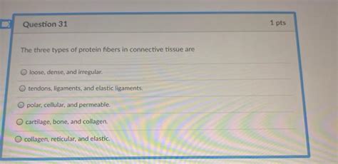 Solved Question 31 1 pts The three types of protein fibers | Chegg.com