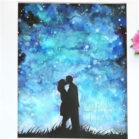 Starry Night Sky And Girl Art Watercolor Print Etsy