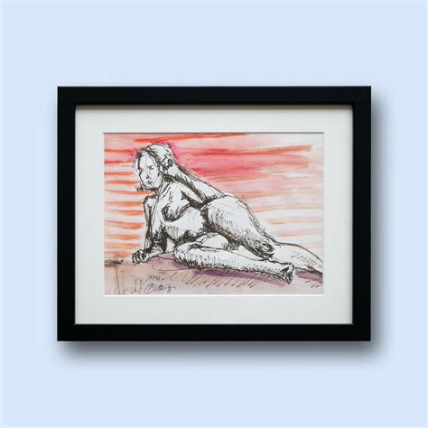 85E Dessin de nu femme allongée Stripe girl nude aquarellé encadré De