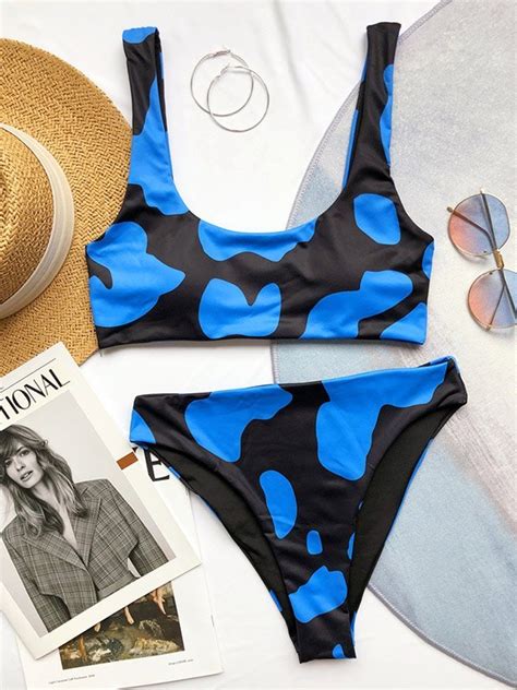 Emmiol Free Shipping 2023 Cow Print Strap Bikini Navy Blue S In Bikini