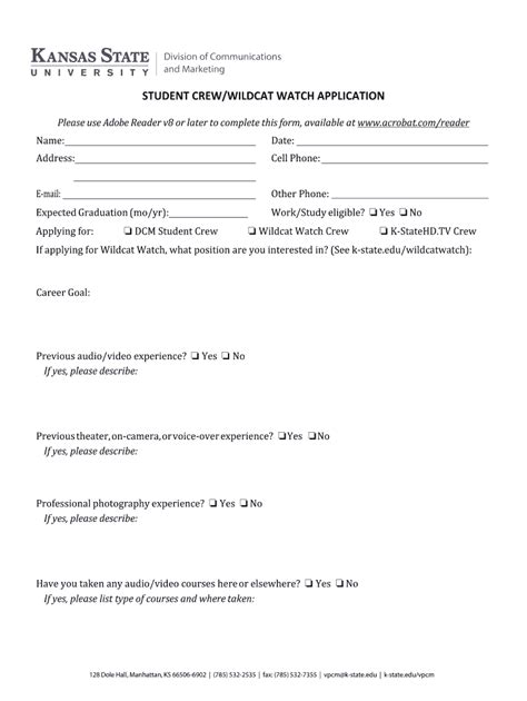 Fillable Online K State Student Crew Bapplication Formb Fax Email Print