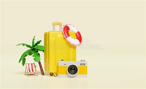 D Summer Travel With Yellow Suitcase Beach Chair Palm Tree Camera