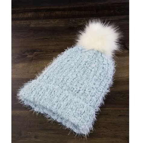 Accessories Light Blue Eyelash Knit Faux Fur Pom Pom Beanie Poshmark