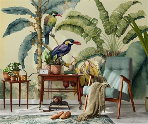 Tropical Bird Wallpaper, Wall Mural, Removable, Self Adhesivepeel and ...