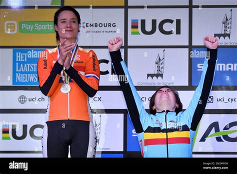 Dutch Marianne Vos And Belgian Sanne Cant Celebrate On The Podium After