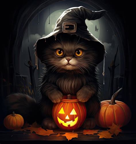 Premium Ai Image Halloween Black Cat In A Witch Hat Sits Against A