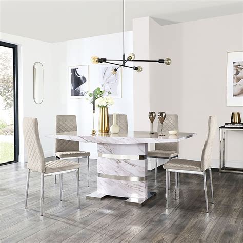 Komoro Dining Table And 6 Renzo Chairs Grey Chrome Marble Effect Steel Champagne Classic