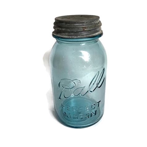 Antique 1920s Ball Blue Embossed Glass Ball Perfect Mason Canning Jar Original Zinc And Milk Glass