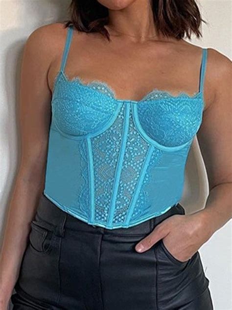 Emmiol Free Shipping 2024 Lace Paneled Crop Cami Top Blue S In Cami