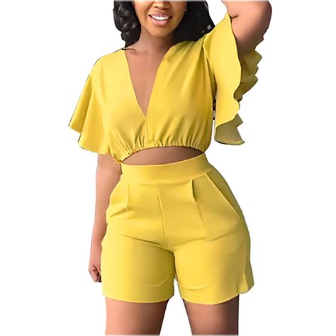 Womens Sexy Summer 2 Piece Outfits Ruffle Short Sleeve Deep V Neck Shorts Set Crop Top Casual