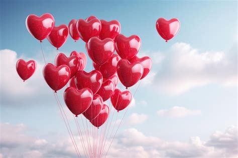 Globos rojos en forma de corazón volando en el cielo azul 3d