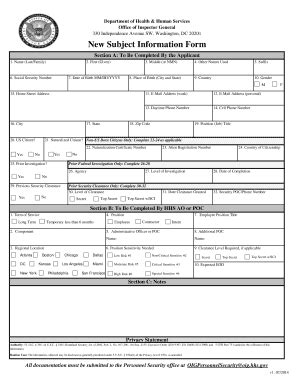 Fillable Online Oig Hhs New Subject Information Form New Subject