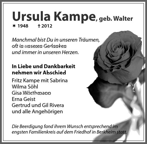 Traueranzeigen Von Ursula Kampe Zeit Des Gedenkens De