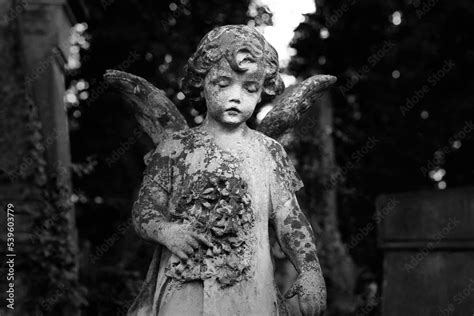 Beautiful statue of angel at cemetery. Monochrome photography Stock ...