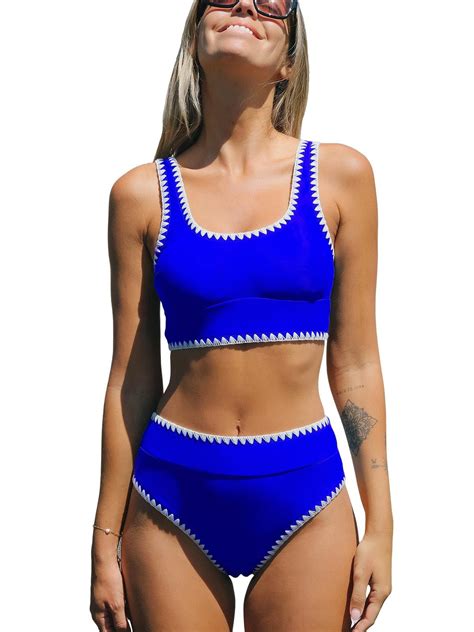 Cupshe Women S Blue Bikini Shell Stitch Bikini Top High Rise Bottoms