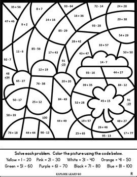 St Patrick S Day Math Two Digit Addition Subtraction Color By Number