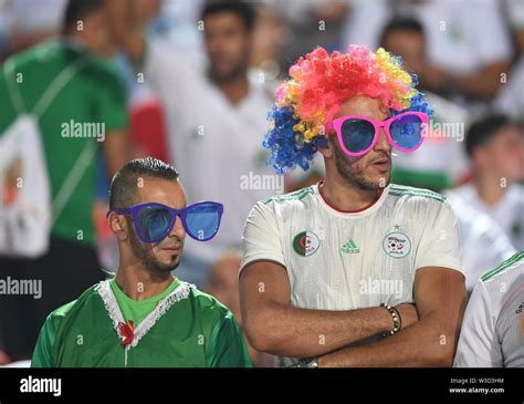 Cairo. 14th July, 2019. Fans of Algeria react during the semifinal ...