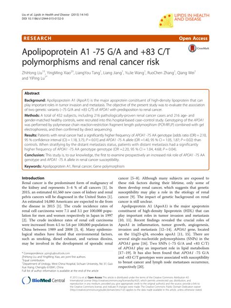 Pdf Apolipoprotein A1 75 G A And 83 C T Polymorphisms And Renal Cancer Risk