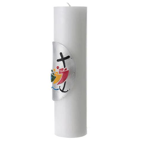 White Altar Candle Official Pilgrims Of Hope Logo Bas Relief 30x8 Cm