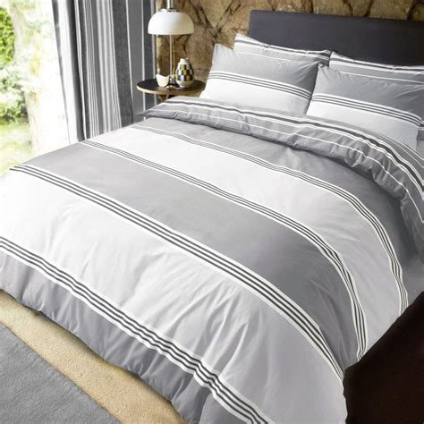 Luxury Banded Stripe Grey Duvet Set Reversible Quilt Cover Bedding King