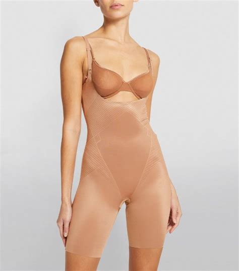 Womens SPANX Brown Thinstincts 2 0 Open Bust Mid Thigh Bodysuit