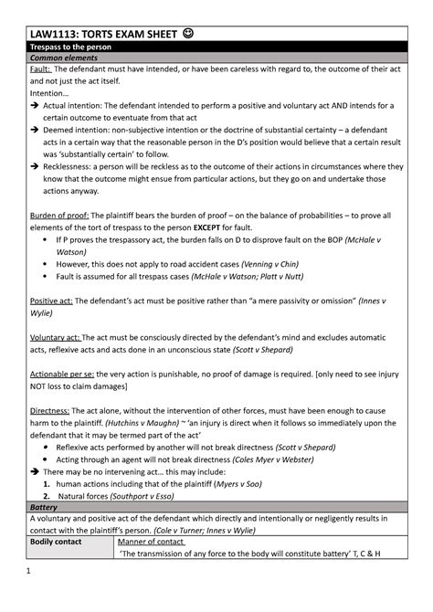 Law1113 Notes Law1113 Torts Exam Sheet Trespass To The Person