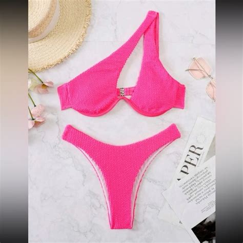 None Swim New One Shoulder Ruched Hot Pink Bikini Set Poshmark