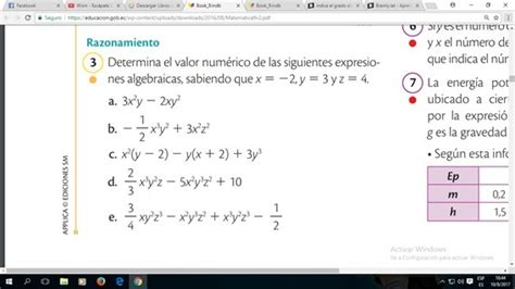 Determina El Valor Numérico De Las Siguientes Expresiones Algebraicas Sabiendo Que X 5 22 Y 5