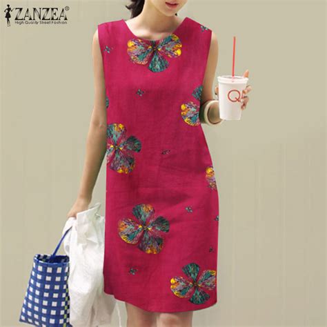 Zanzea Women Vintage Floral Printed Split Dresses Loose O Neck