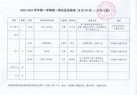 2022 2023学年第一学期第一周会议安排表