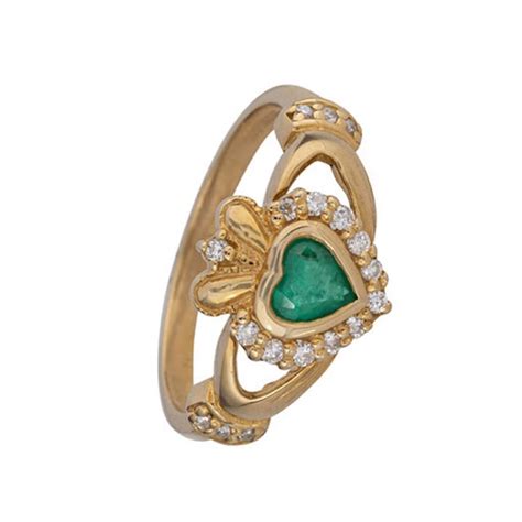 Ct Yellow Gold Emerald And Diamond Claddagh Ring Claddagh Ring