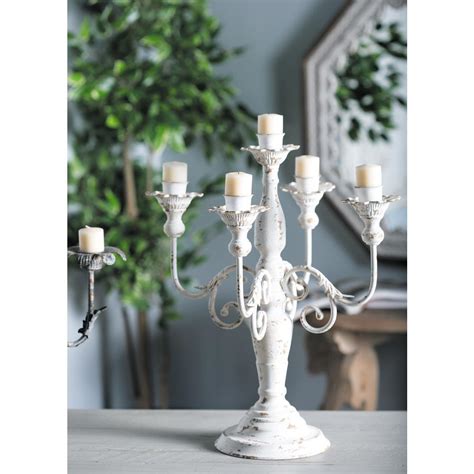 LITTON LANE Distressed White Iron Scroll 5 Light Candelabra Monsecta