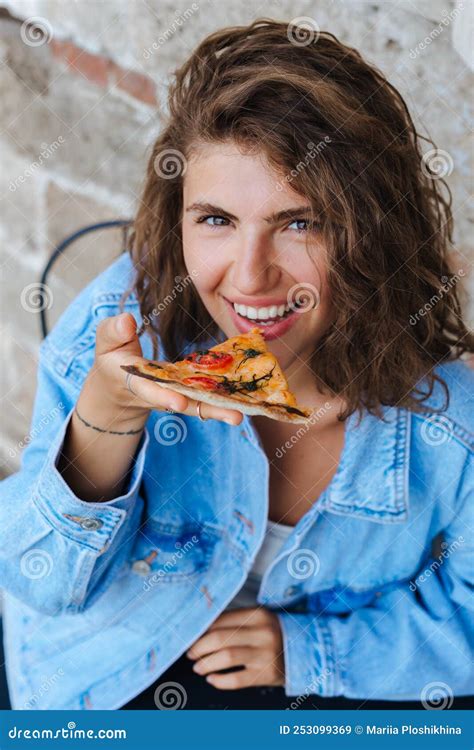 Pizza Time Pretty Smiling Woman Eating Pizza In The Restaurant Stock