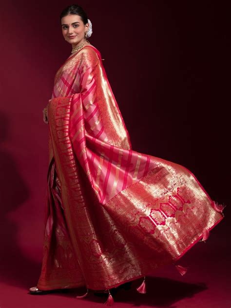 Buy Pink Zari Weaving Silk Saree At Ethinc Plus