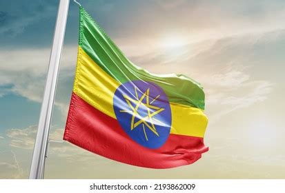 Ethiopia National Flag Waving Beautiful Sky Stock Photo 2199365323