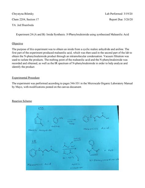 Experiment 24 A and B- Imide Synthesis: N-Phenylmaleimide using synthesized Maleanilic Acid ...