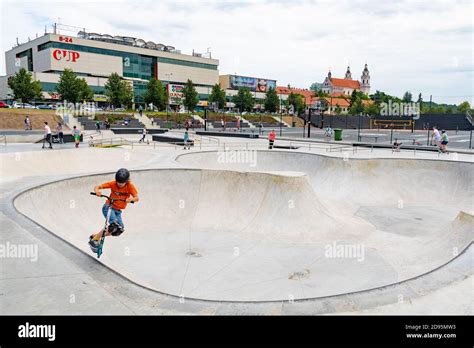 New skateboard park, skate park, skating rink in the city center with ...