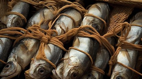 Banyak Ikan Dalam Wadah Dengan Tali Pasar Kering Memasak Latar