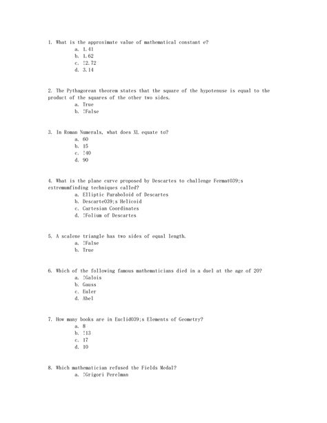 Math Lec Notes 8 N A What Is The Approximate Value Of Mathematical Constant E A 1 B 1 C