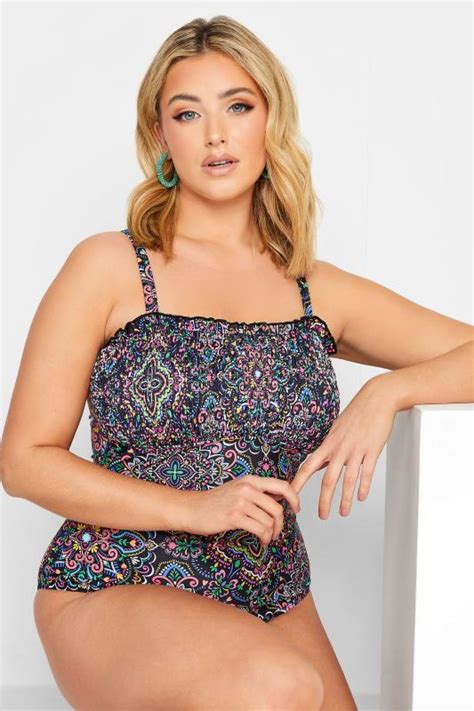 Yours Plus Size Curve Black Aztec Print Shirred Tummy Control Swimsuit