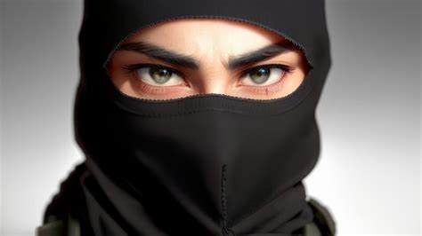 Premium AI Image | A woman wearing a black ninja mask with green eyes and a black mask.