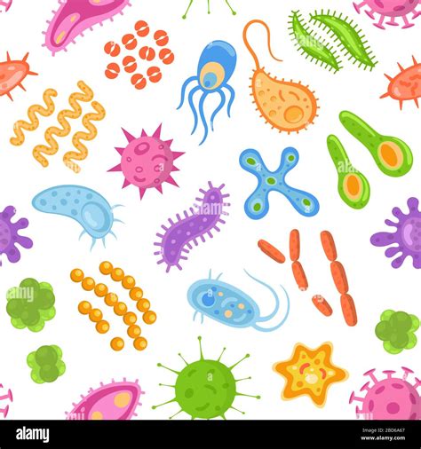 Seamless Pattern With Color Cartoon Bacteria Viruses And Germs