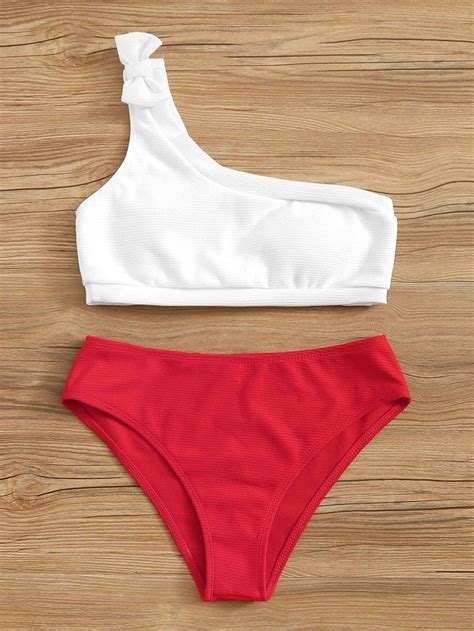 White One Shoulder Top Swimsuit With Red Bikini Bottom Red Bikini