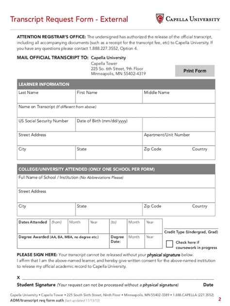 Capella University Transcript Request Form External 2013 2022 Fill