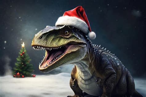 Premium AI Image A Dinosaur Wearing A Christmas Hat Against The