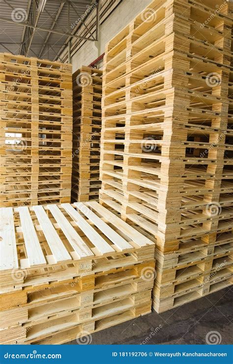 Wooden Pallets Stack At The Freight Cargo Warehouse For Transportation