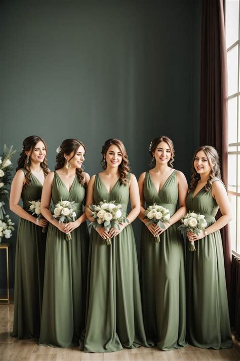 The Bridesmaids Are All Wearing Green Dresses And Holding Bouquets In